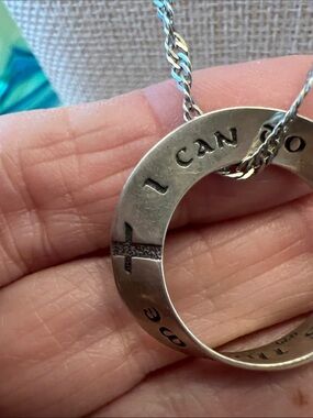 Inspirational Silver Tone Circle Cross Pendant Necklace - I Can Do All Things